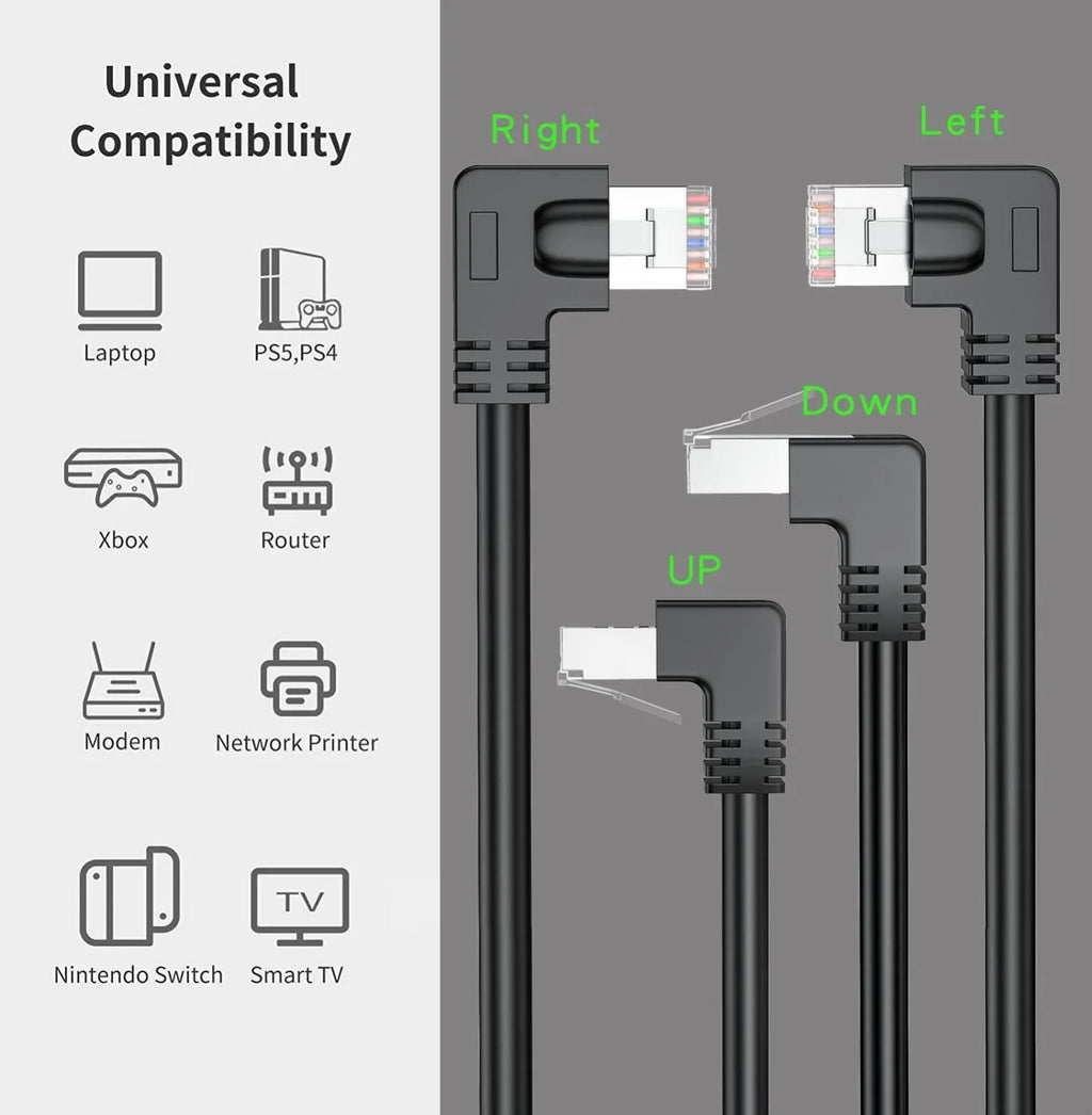 Cat6 Ethernet cable with right-angle metal RJ45 plug in selected colour and length