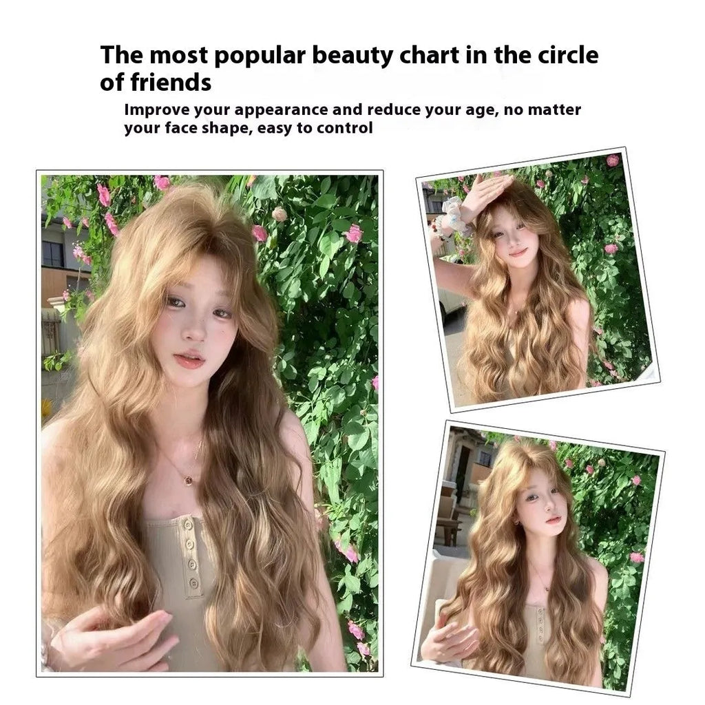 Brown linen-coloured synthetic wig with medium-length curls and included hair net