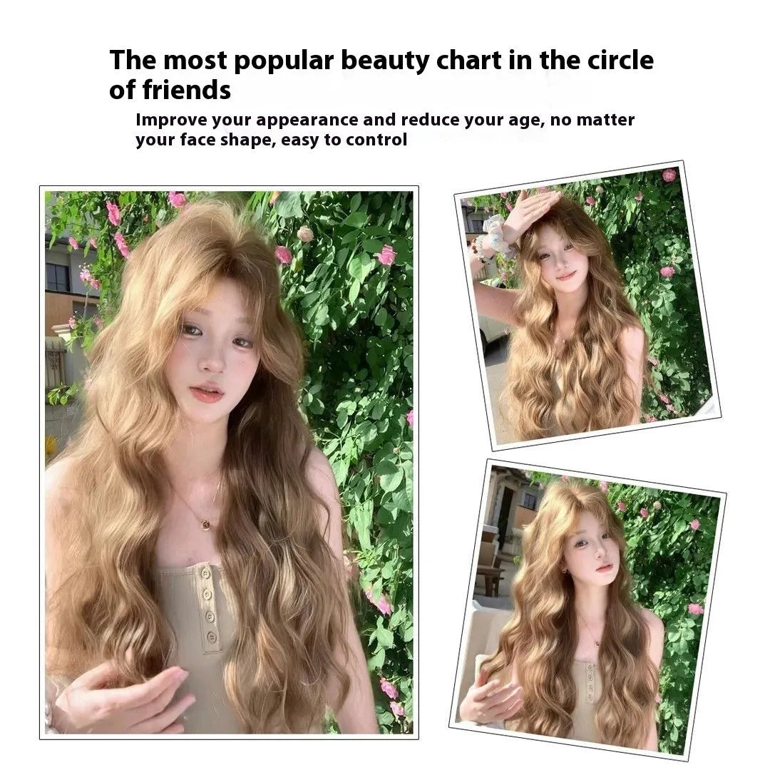 Brown linen-coloured synthetic wig with medium-length curls and included hair net