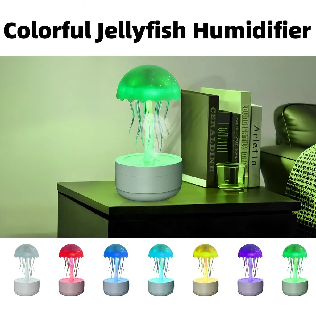 White jellyfish-shaped aroma diffuser and humidifier with glowing coloured LED light on a desk.