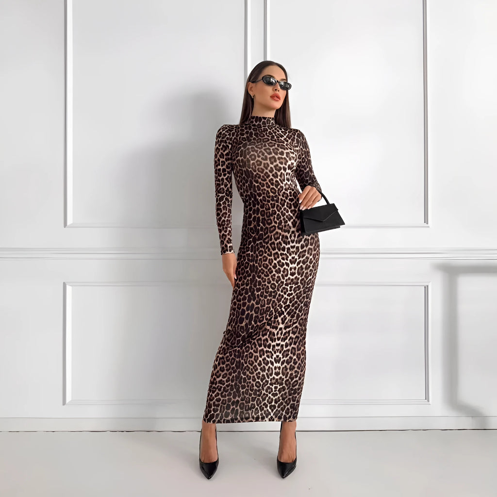 Leopard print stand collar long sleeve dress with high waist and hip skirt design