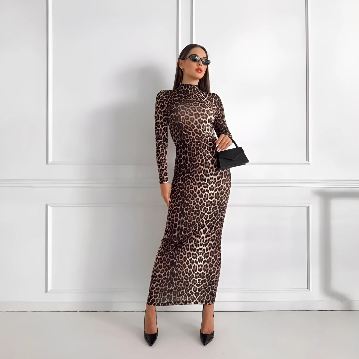 Leopard print stand collar long sleeve dress with high waist and hip skirt design