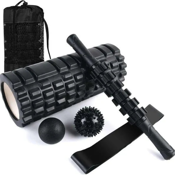 Black six-piece foam massage roller measuring 33 cm long with segmented design