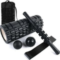Black six-piece foam massage roller measuring 33 cm long with segmented design