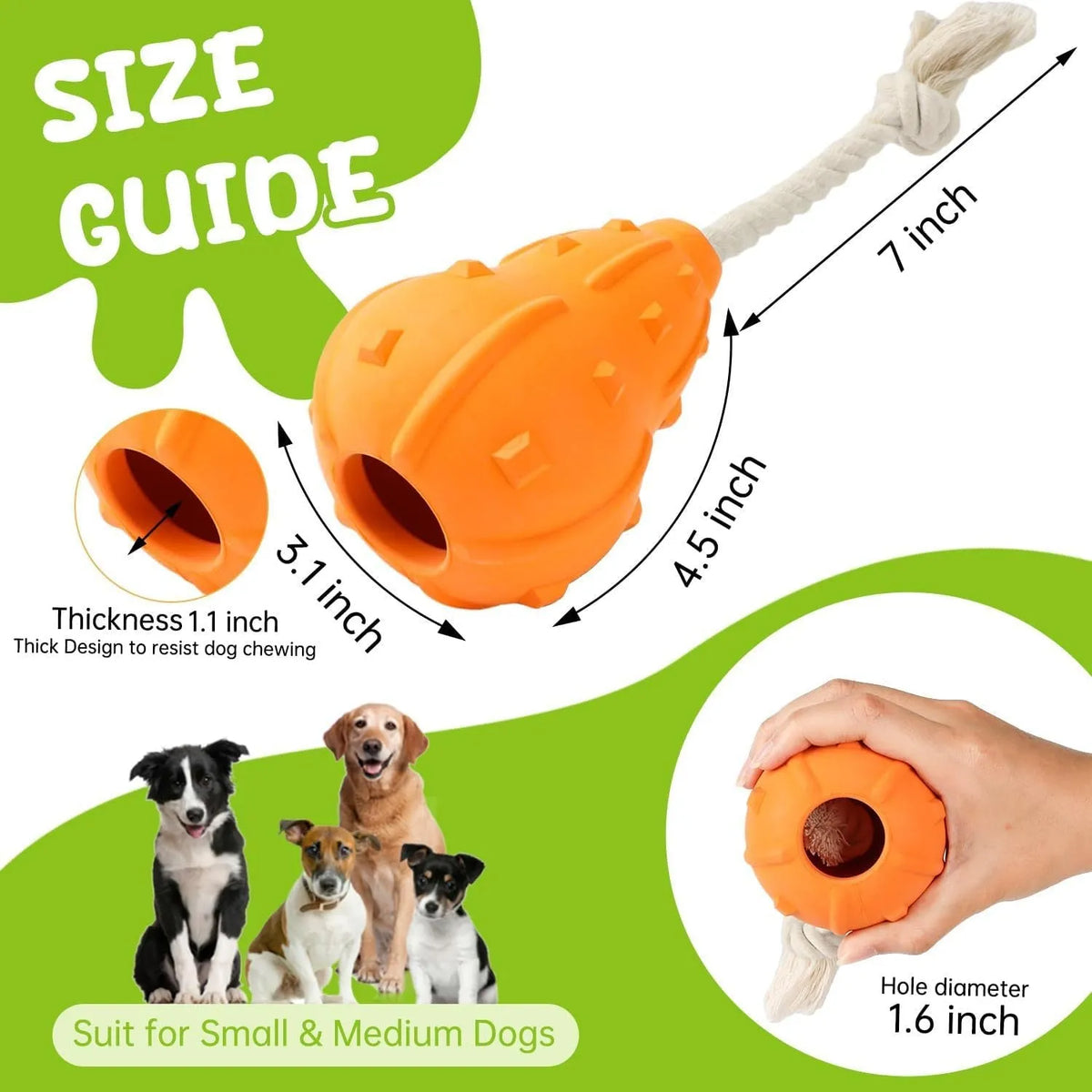 Natural rubber stuffable dog toy with a long strap for fetch, shown with treats inside the hollow centre.