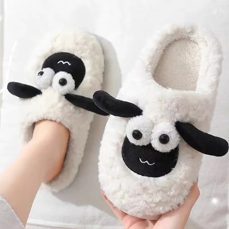 Brown lamb thermal cotton slip-on slippers for men and women on a white background.