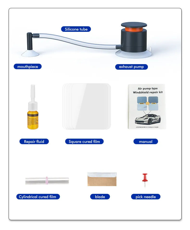 Car windshield crack repair tool kit with plastic applicator for glass point repairs