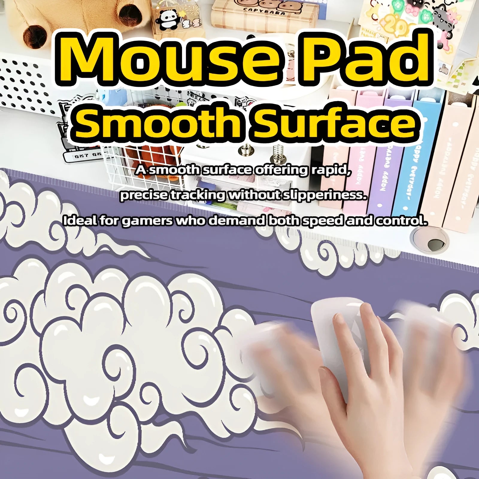 Large rectangular cloud pattern mouse pad and desk mat in natural rubber on a wooden desk.