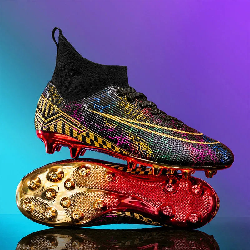 High-top soccer training shoes with gold plated bottom detail in synthetic leather and mesh construction