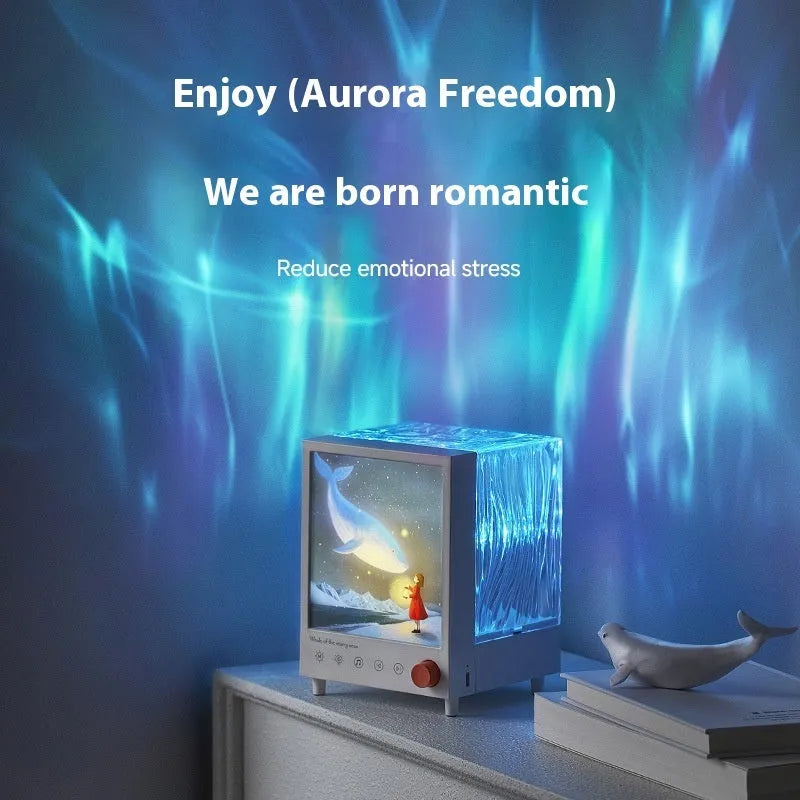 Aurora Treasure Box projection lamp with Star Sea Whale light pattern and Bluetooth speaker functionality