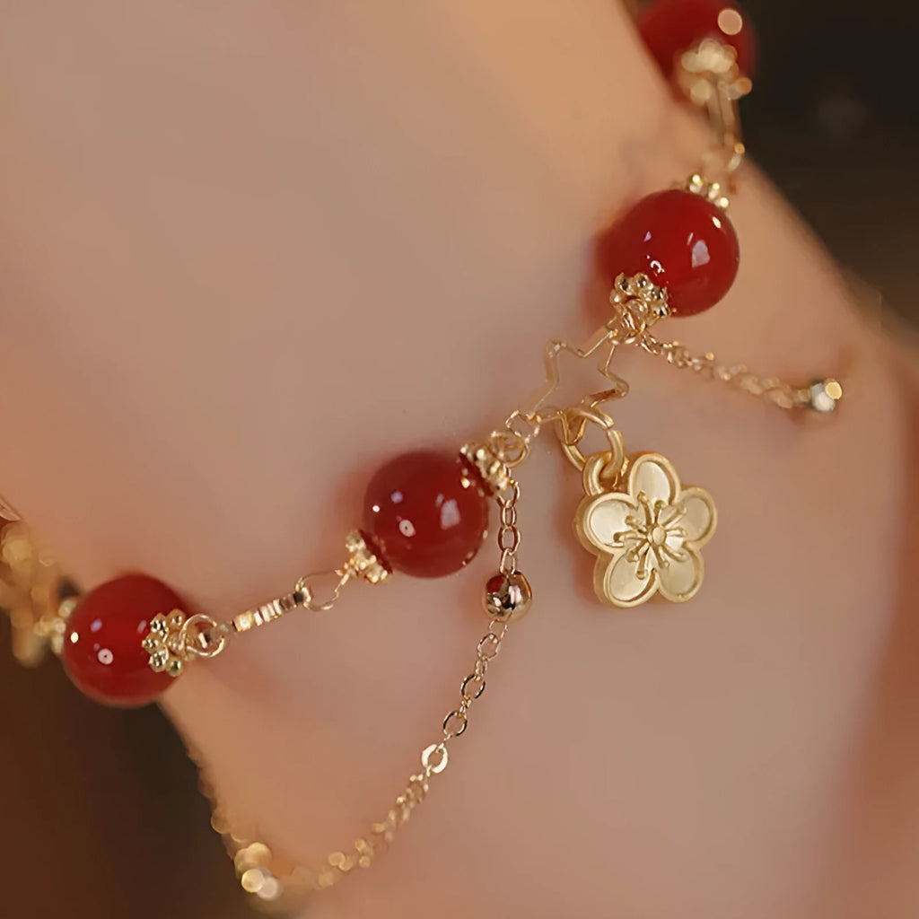 Red agate double layer bracelet with floral and peach blossom decorative elements for women's ethnic jewellery