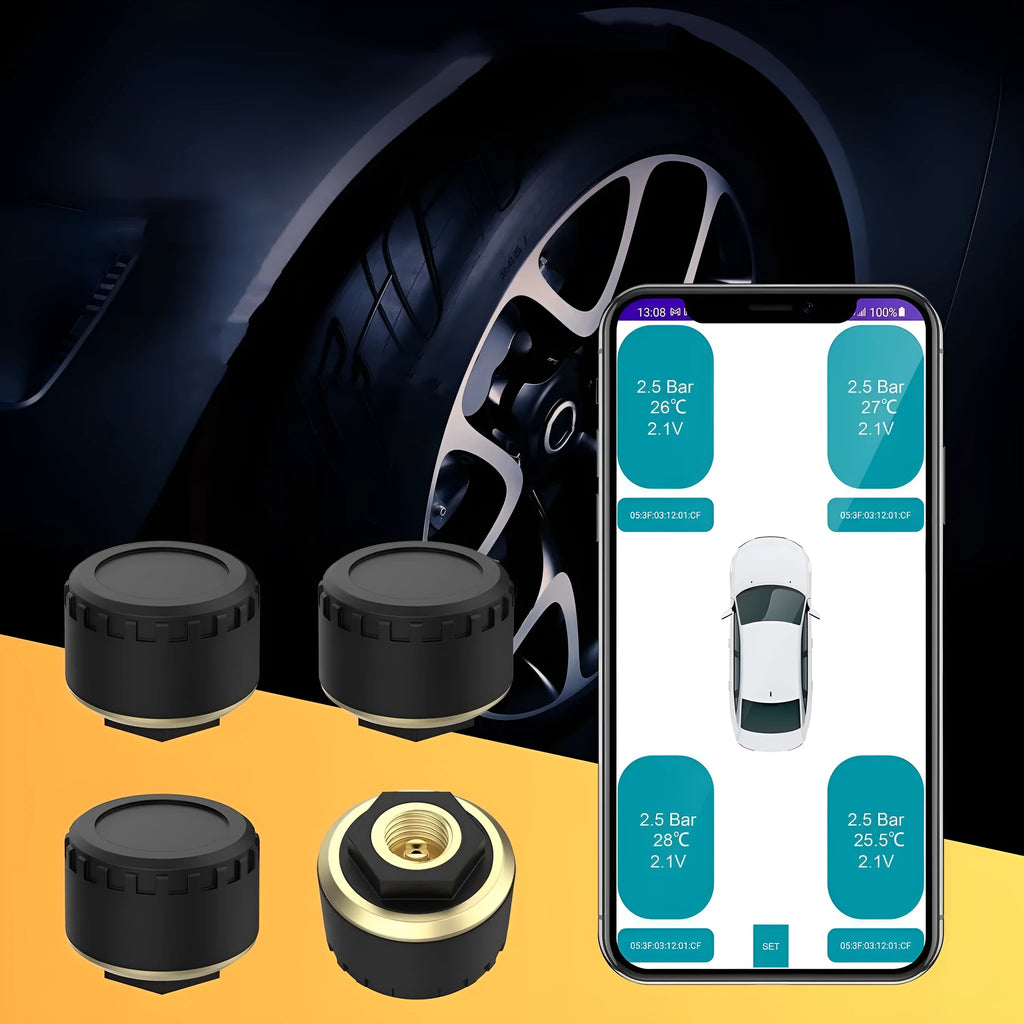 Set of four black Bluetooth tyre pressure monitor sensors for car wheels