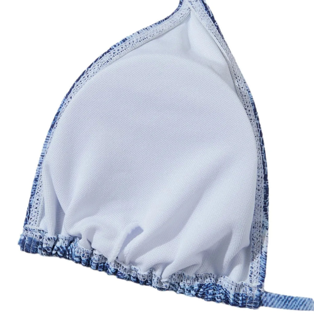 Women's denim blue printed bikini set with strap styling and spandex lining