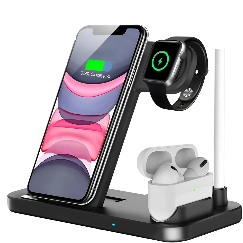 A folded 4-in-1 wireless charger for Apple devices in Space Grey, showing MagSafe pad and Apple Pencil slot.