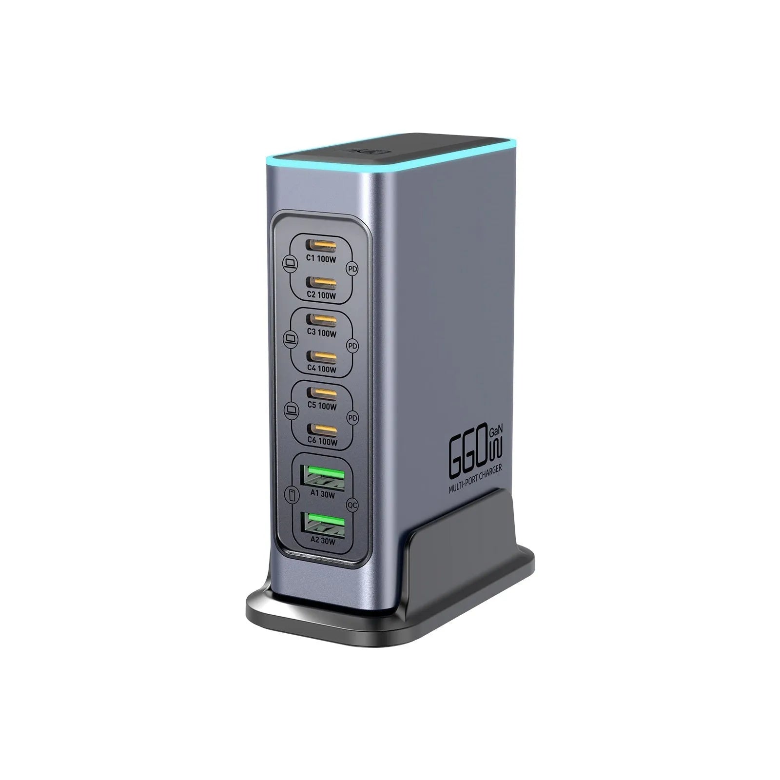 A 660W GaN desktop fast charger with a USB-C port and four international plug adapters for US, UK, EU, and AU outlets.