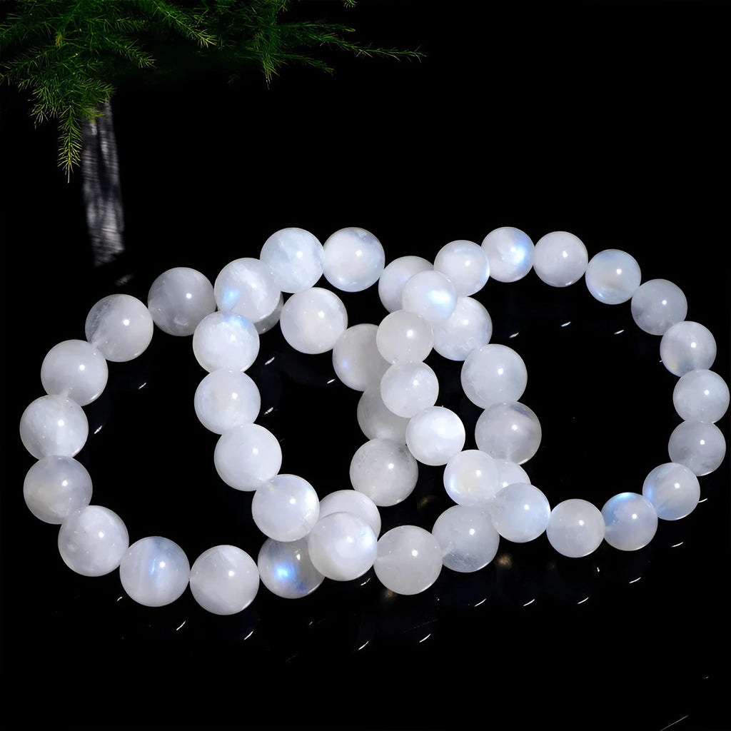 Natural blue moonlight round bead moonstone bracelet with polished finish and geometric bead shape