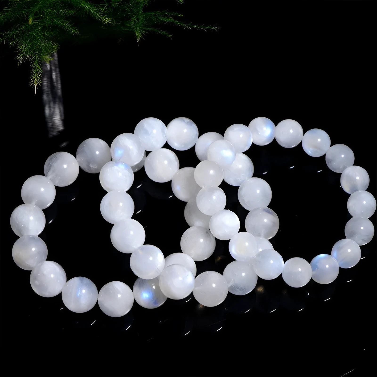 Natural blue moonlight round bead moonstone bracelet with polished finish and geometric bead shape