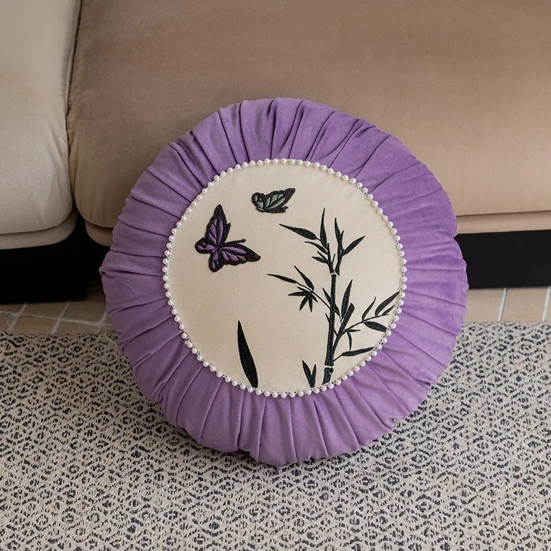Square embroidered butterfly cushion with Chinese pattern in beige black purple colours