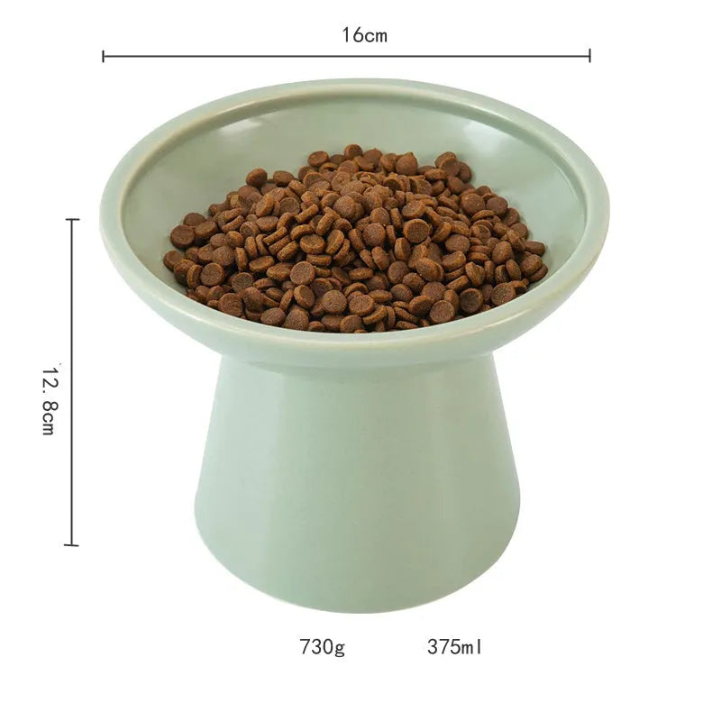 Ceramic elevated cat food and water bowls in blue, green, pink, and white colours