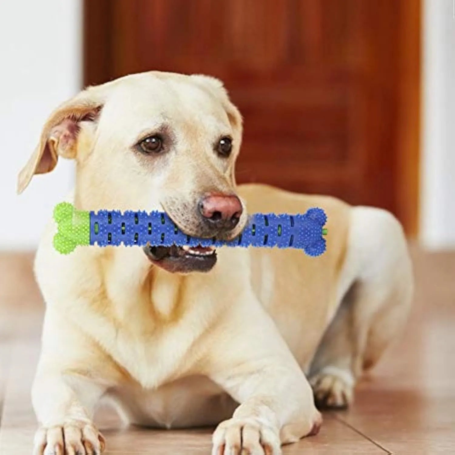 Blue silicone dog molar tooth cleaner stick with serrated brush head and treat crevice for dental care