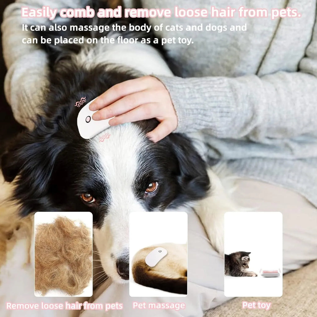 Pink handheld electric pet massage brush with soft teeth on a white background