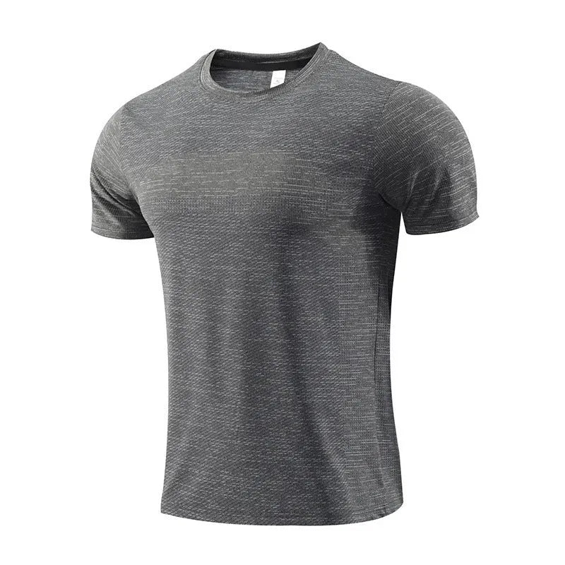 Men's short sleeve basketball T-shirt in polyester spandex, shown in red, on a mannequin.