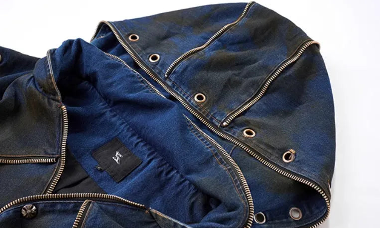 Blue hooded denim vest coat and matching trousers two-piece set Korean style