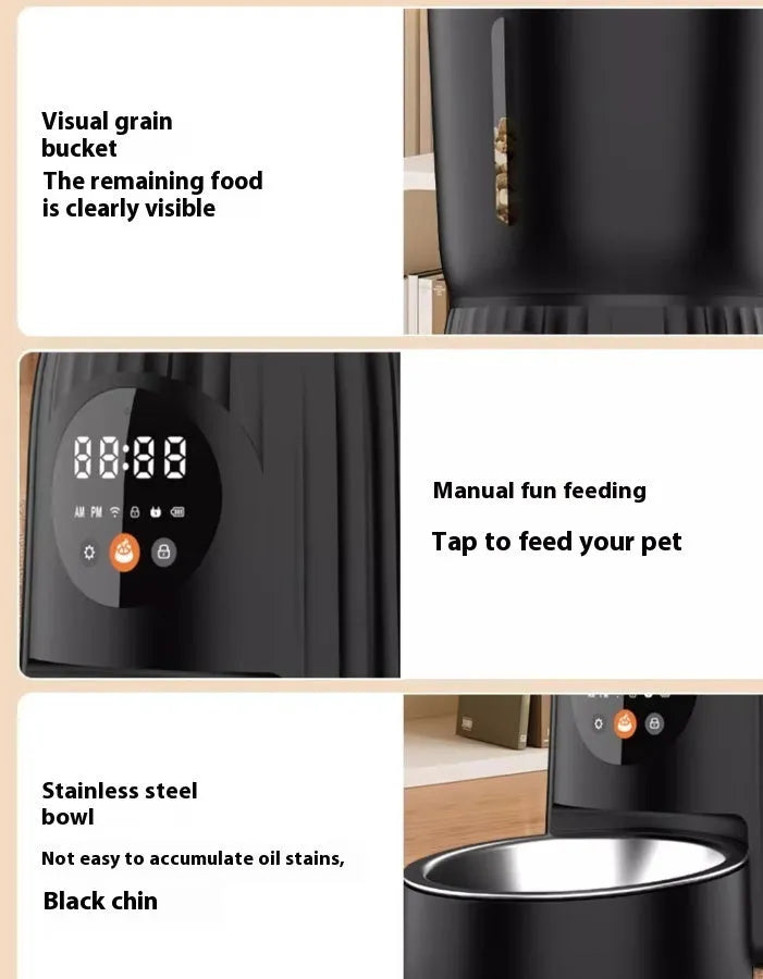 Black intelligent pet feeder with automatic timing and USB power connection for remote feeding