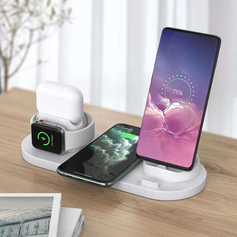 Black or white 6-in-1 wireless charging phone holder with 10W output and AirPods charging