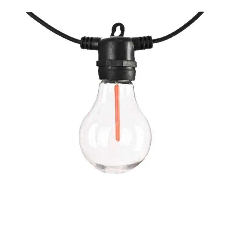 Waterproof outdoor decorative string lights with 10 A60 transparent meteor bulbs on 5 metre cable
