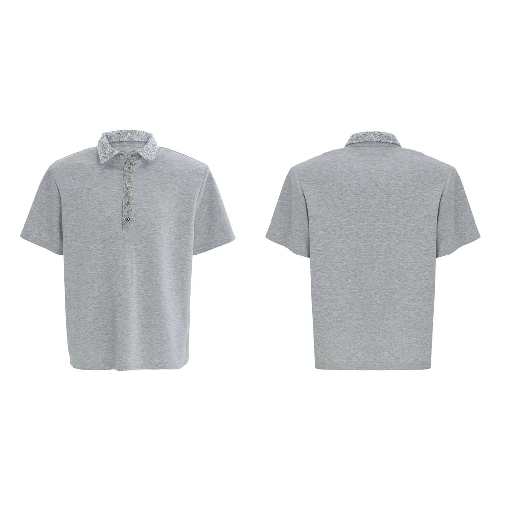 Men's loose polo t-shirt with heavy embroidery sequins and square collar in solid black gray or white polyester fabric