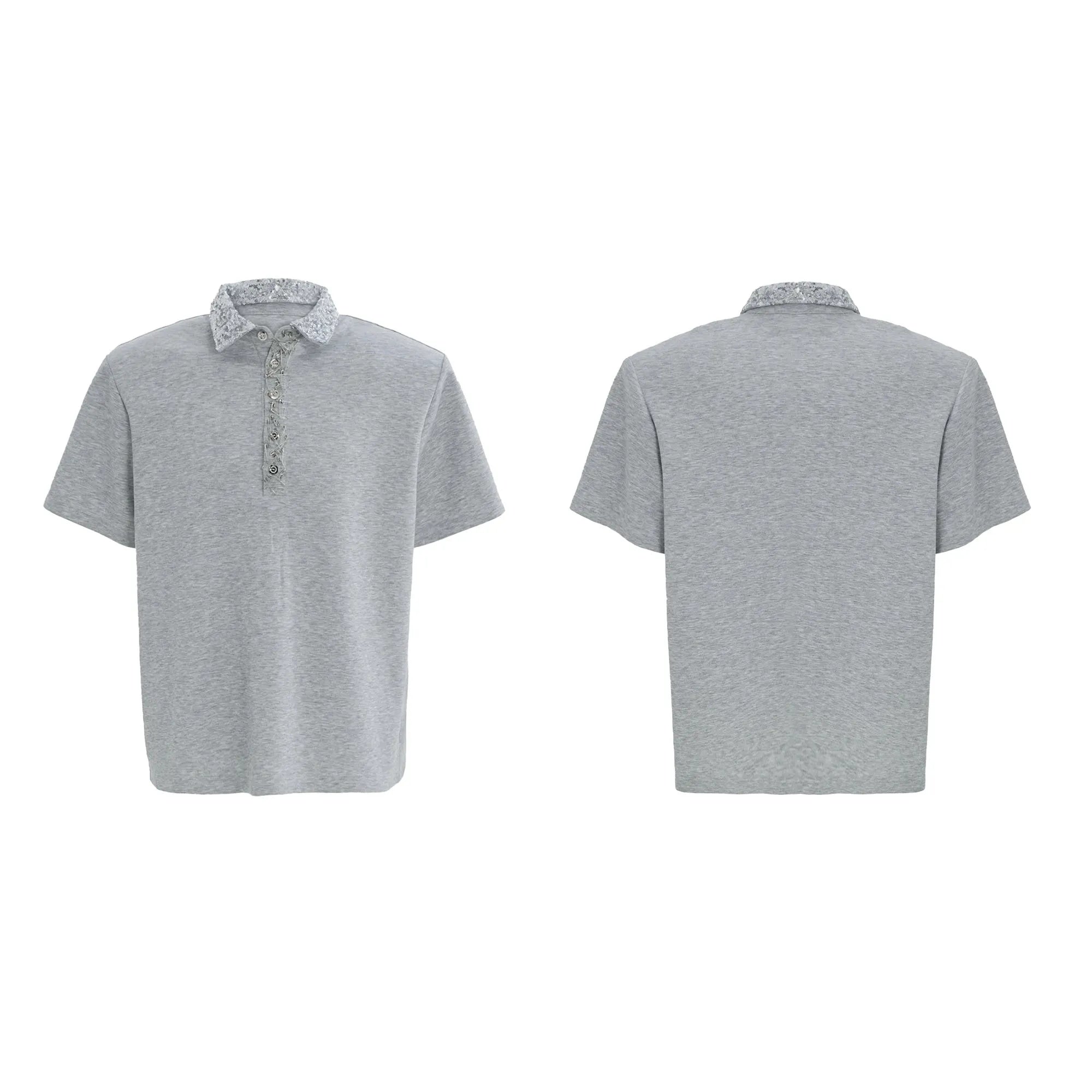 Men's loose polo t-shirt with heavy embroidery sequins and square collar in solid black gray or white polyester fabric