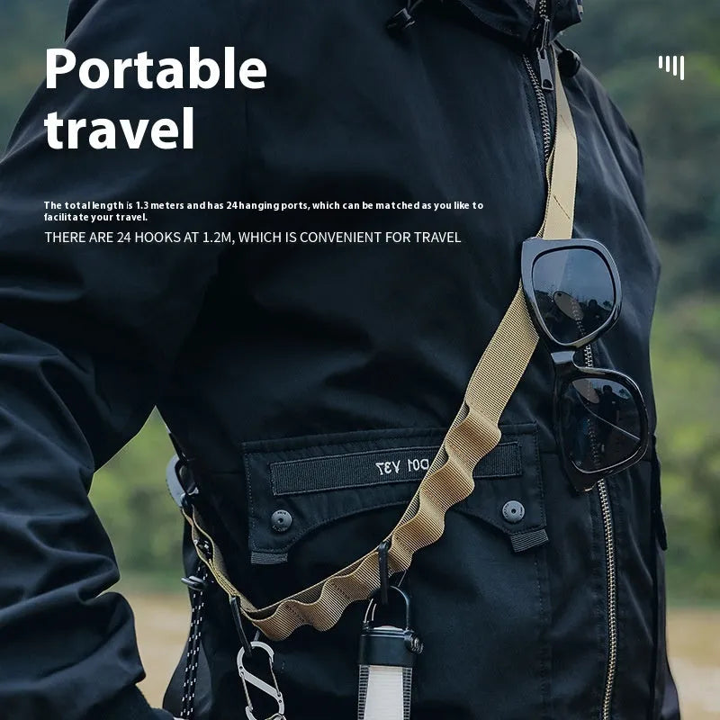 Outdoor multifunctional hanging rope clothesline storage belt in black, showing its 130cm length.