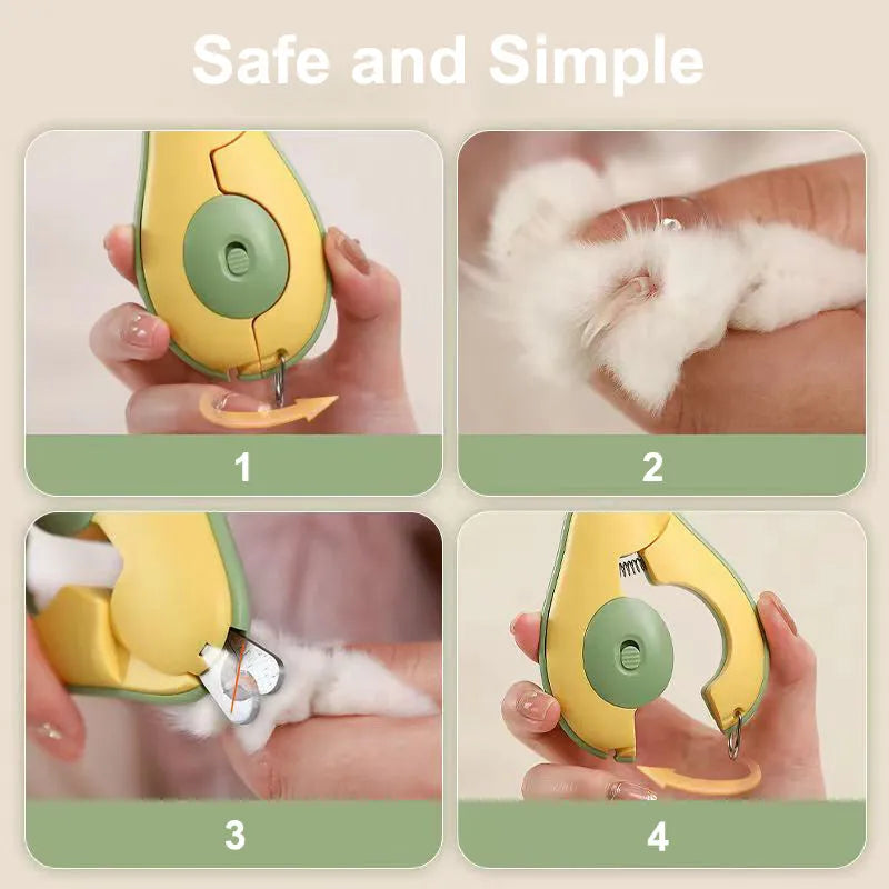 Pet nail clipper with LED light showing green handle and stainless steel blades for small dogs and cats