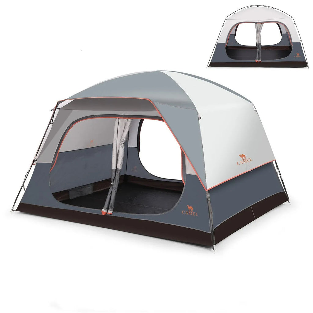 Titanium gray large camping tent for 5-8 people with quick-build glass poles and double layer