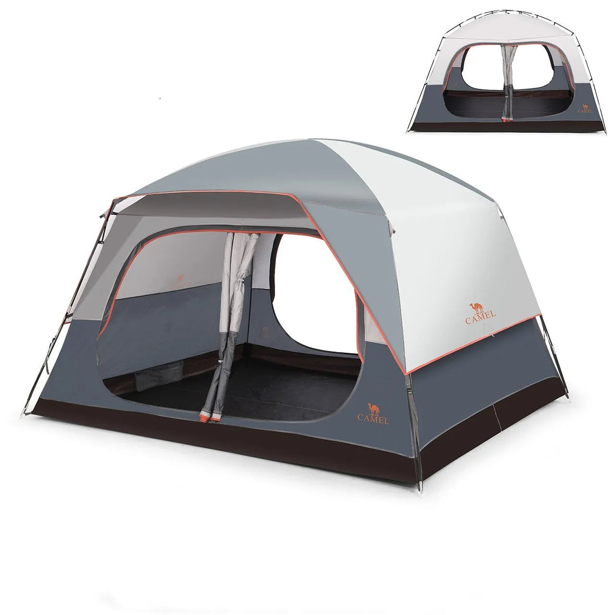 Titanium gray large camping tent for 5-8 people with quick-build glass poles and double layer