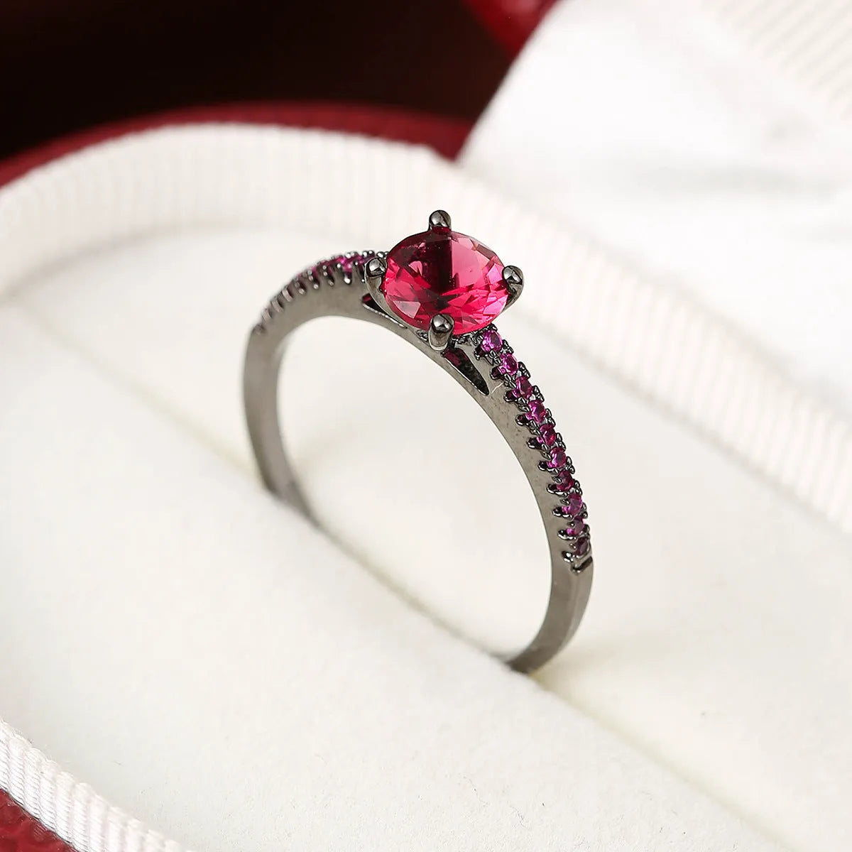 Geometric hexagon copper ring with zircon crystals in gold rose red finish