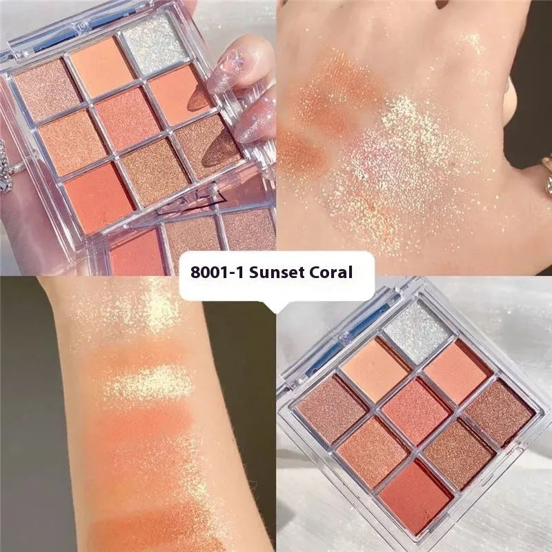 Nine colour eyeshadow palette in plastic case with sunset coral, red brown, cocoa and chocolate brown shades