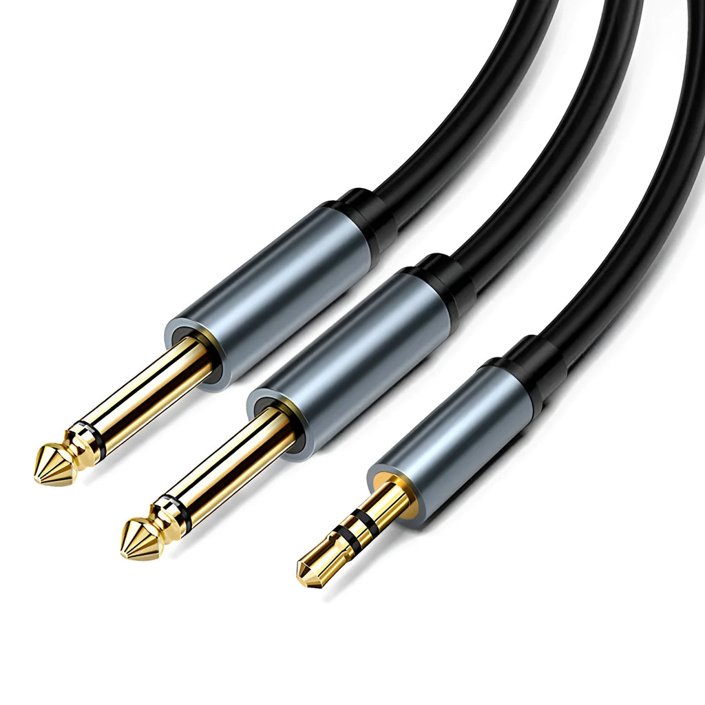 3.5mm to two 6.5mm male audio splitter cable on a black background