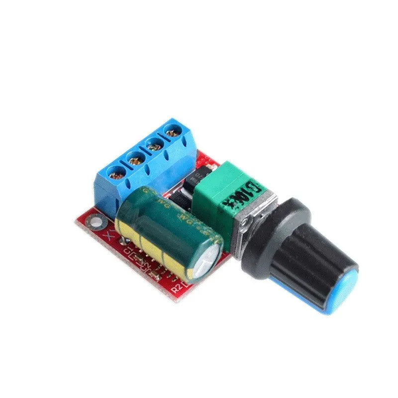 PWM DC motor governor for 5V-35V speed regulation with potentiometer knob and compact design
