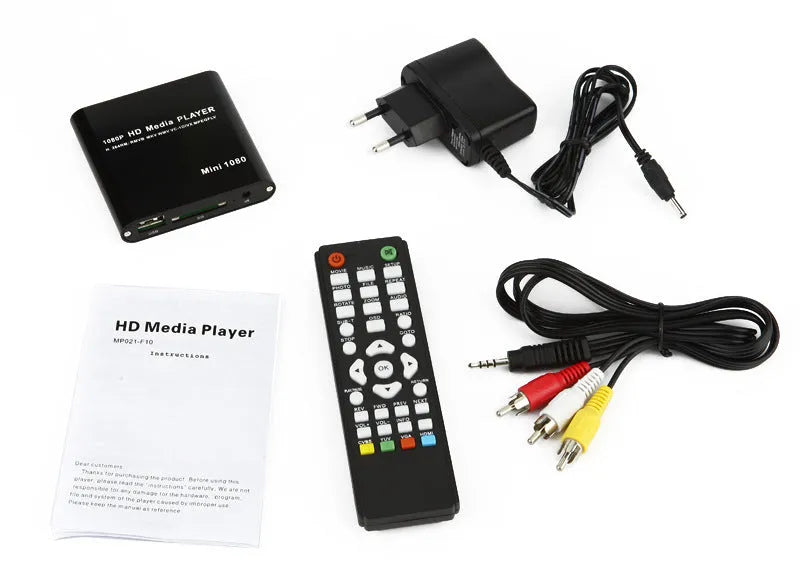 Compact black HDMI media player with USB port and remote control for 1080P video playback