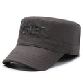 Men's adjustable cotton flat-top peaked cap in army green colour on a neutral background.