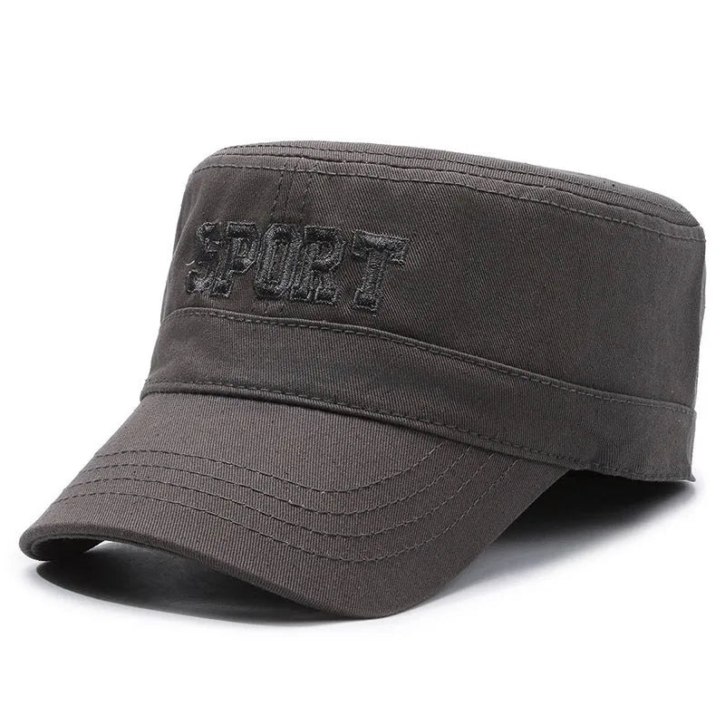 Men's adjustable cotton flat-top peaked cap in army green colour on a neutral background.