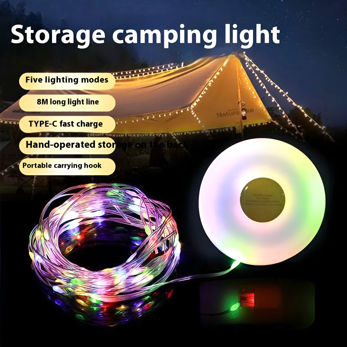 USB rechargeable outdoor tent string lights with 30 bead LEDs on 8 metre cable
