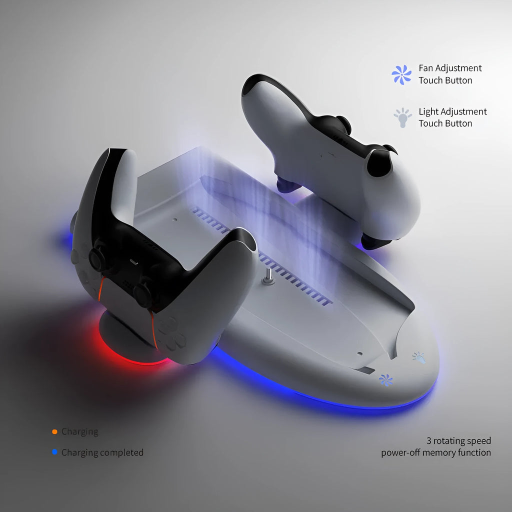 White PS5 Slim charging base with cooling pad, fixed controller charger, and RGB ambient lighting