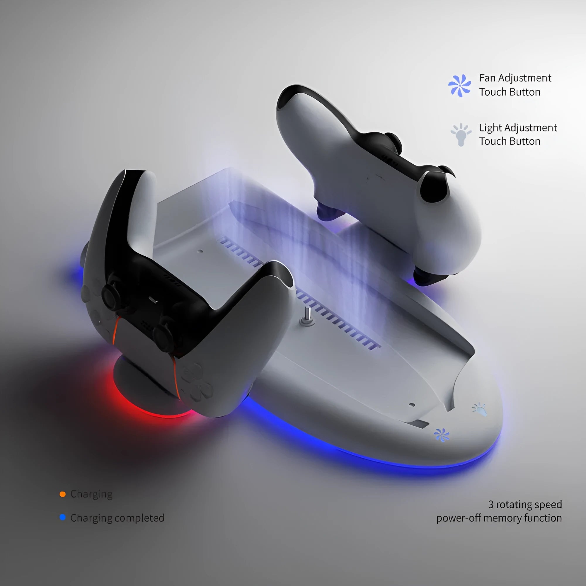 White PS5 Slim charging base with cooling pad, fixed controller charger, and RGB ambient lighting