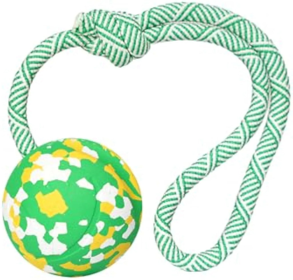 S size natural rubber dog chew ball attached to a blue nylon rope for fetch and tug toys