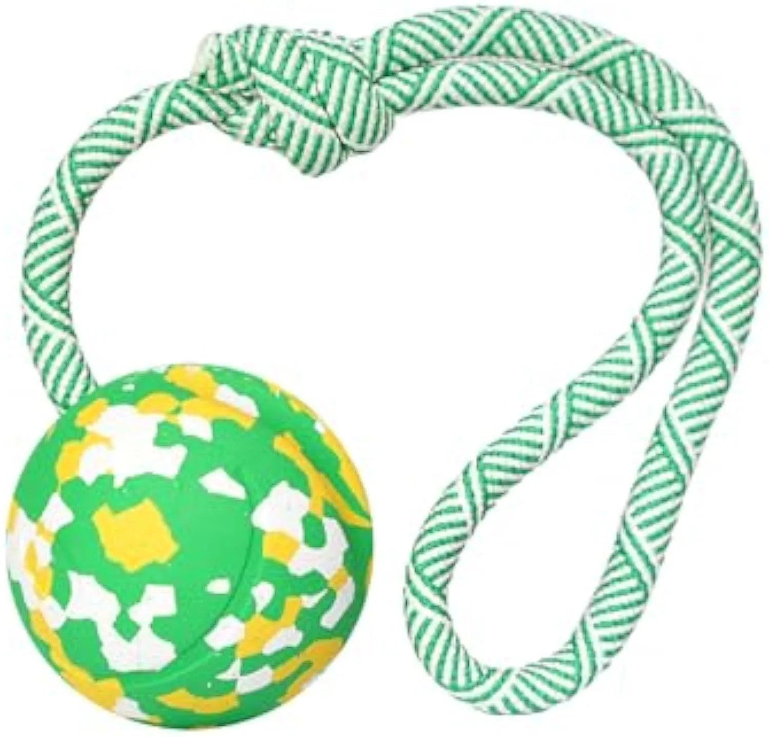 S size natural rubber dog chew ball attached to a blue nylon rope for fetch and tug toys