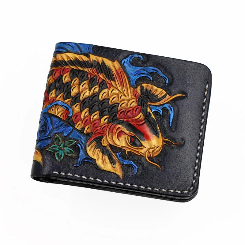 Men's manually carved cow leather wallet in red, shown open with no closure, next to blue and gold options.