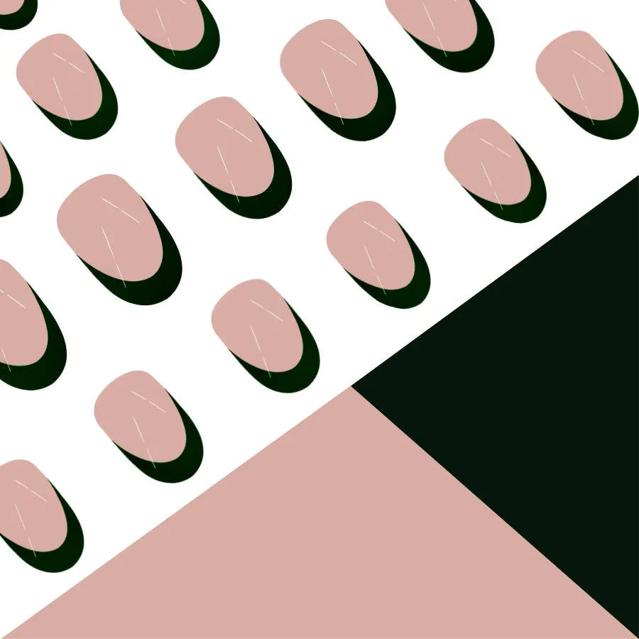24 piece set of short almond shaped false nails with a simple black French style design.